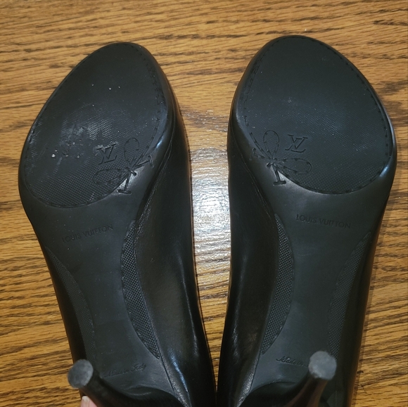 Louis Vuitton Black Genuine Leather Logo Peep Toe Sandal Shoes Pumps Heels - Picture 7 of 16